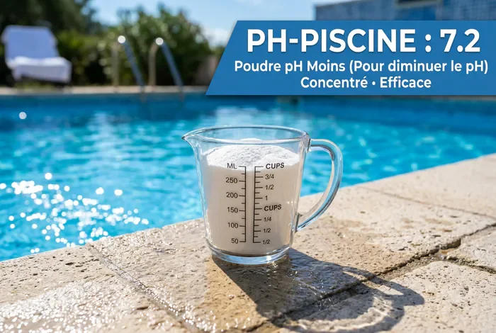 Doseur de poudre pH moins sur le bord d'une piscine avec la valeur 7.2