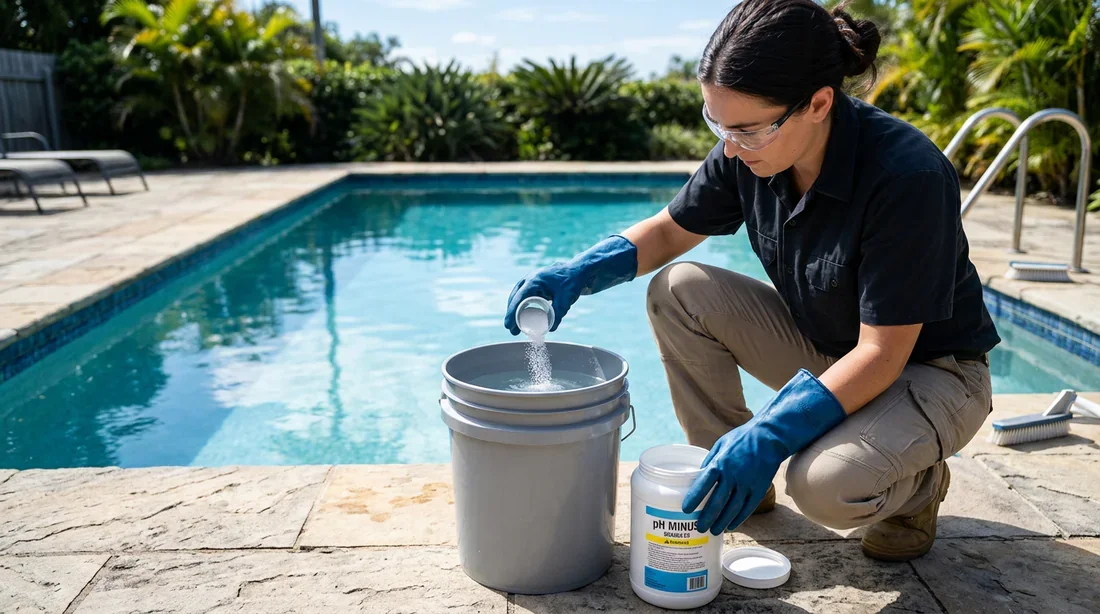Application du correcteur de pH moins Préparation et dilution du produit pH moins dans un seau d'eau