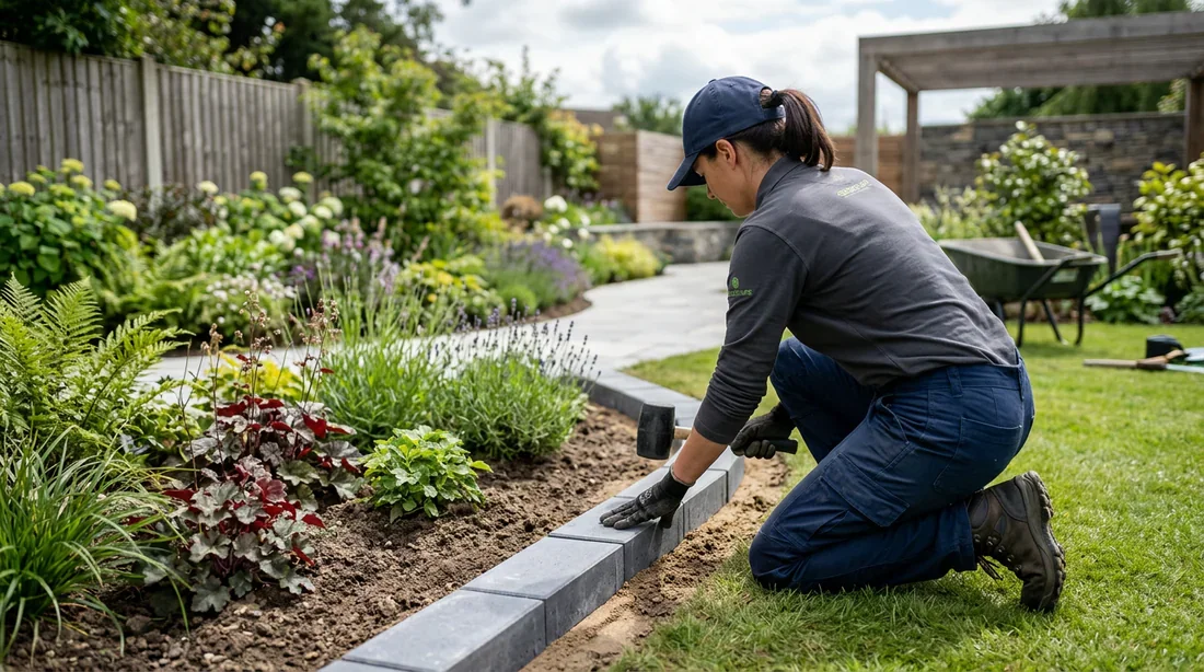 Pose d'une bordure en béton dans un jardin par un paysagiste Paysagiste professionnel ajustant une bordure en béton gris avec un maillet dans un jardin moderne