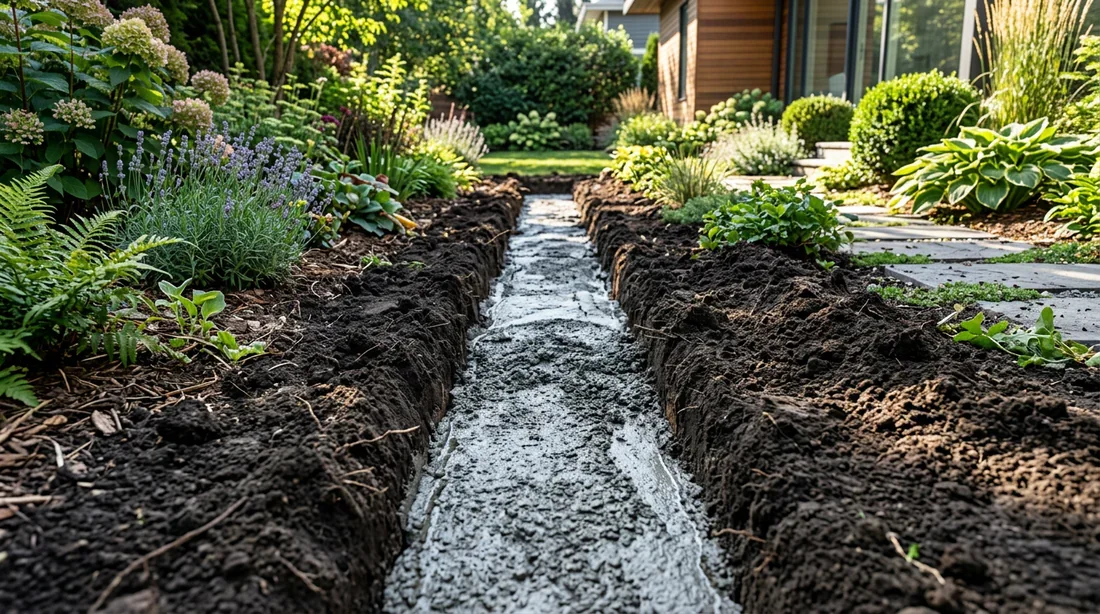 Création de la tranchée et de la fondation en béton Tranchée creusée avec lit de béton frais pour fondation de bordure de jardin
