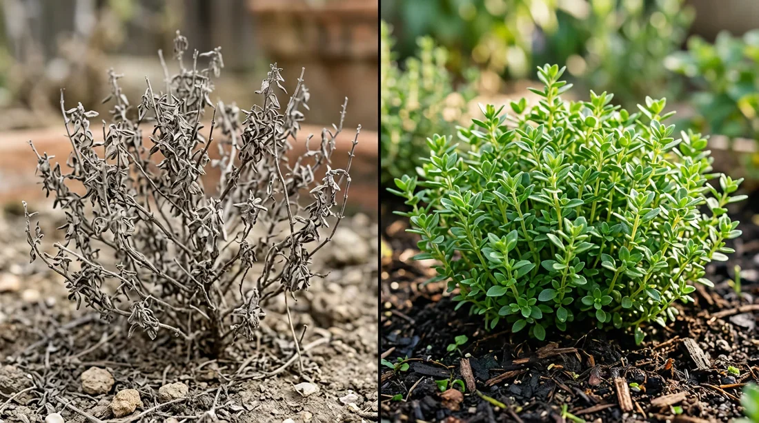 Comparaison avant après de l'état d'un plant de thym Comparaison avant après d'un plant de thym sec et d'un plant de thym en bonne santé