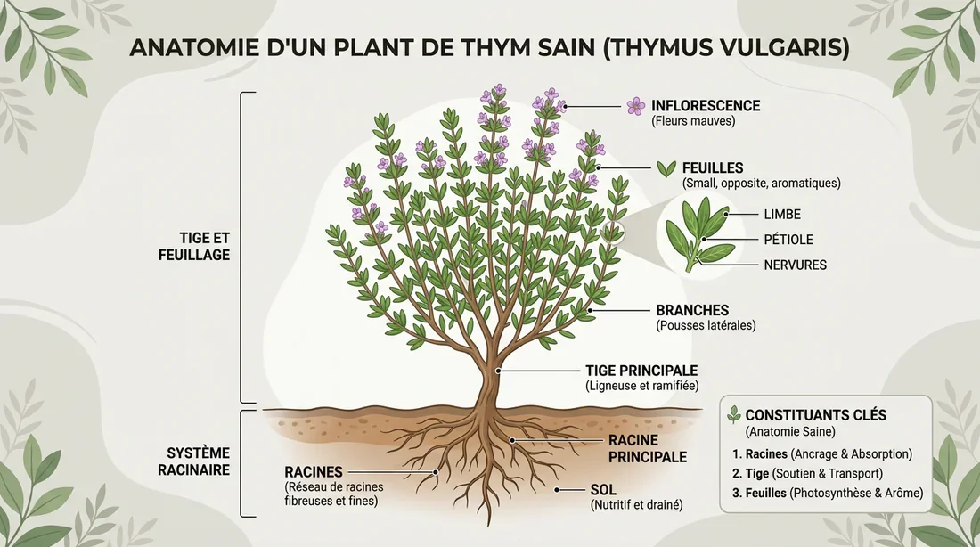 Schéma de la structure d'un plant de thym Infographie illustrant les parties d'un plant de thym
