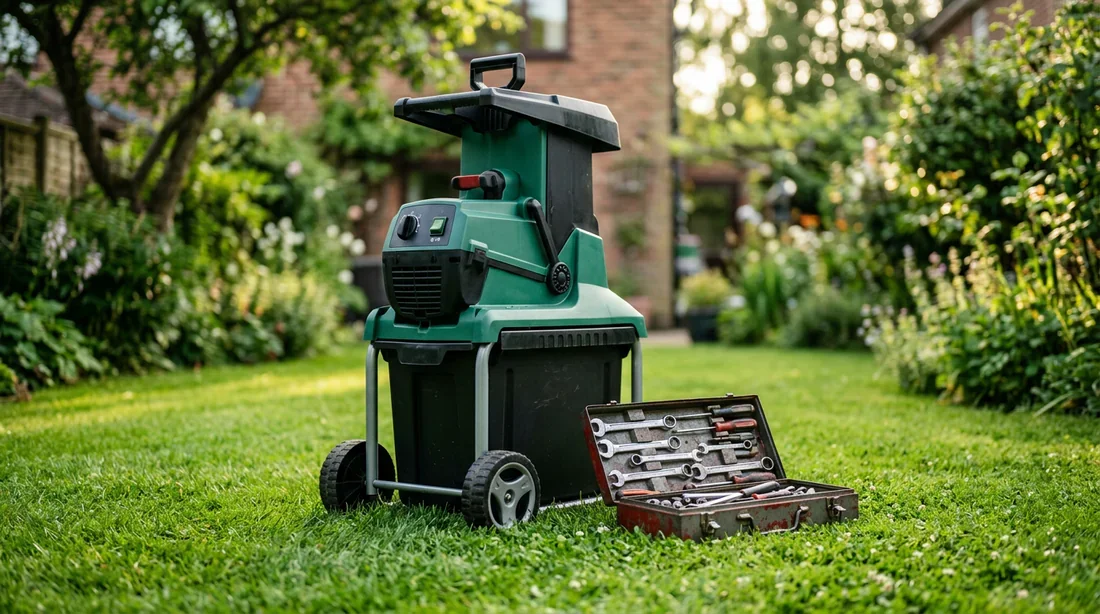 Broyeur de végétaux Bosch AXT 25 TC posé sur une pelouse avec outils de réparation