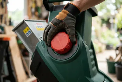 Main de bricoleur dévissant la molette rouge d'un broyeur Bosch