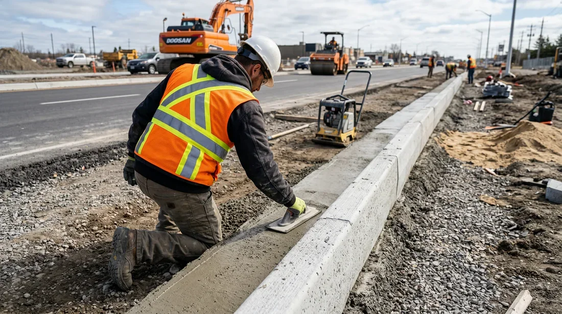 Pose du solin en béton pour bordure P1 Maçon réalisant le solin en béton à l'arrière d'une bordure P1