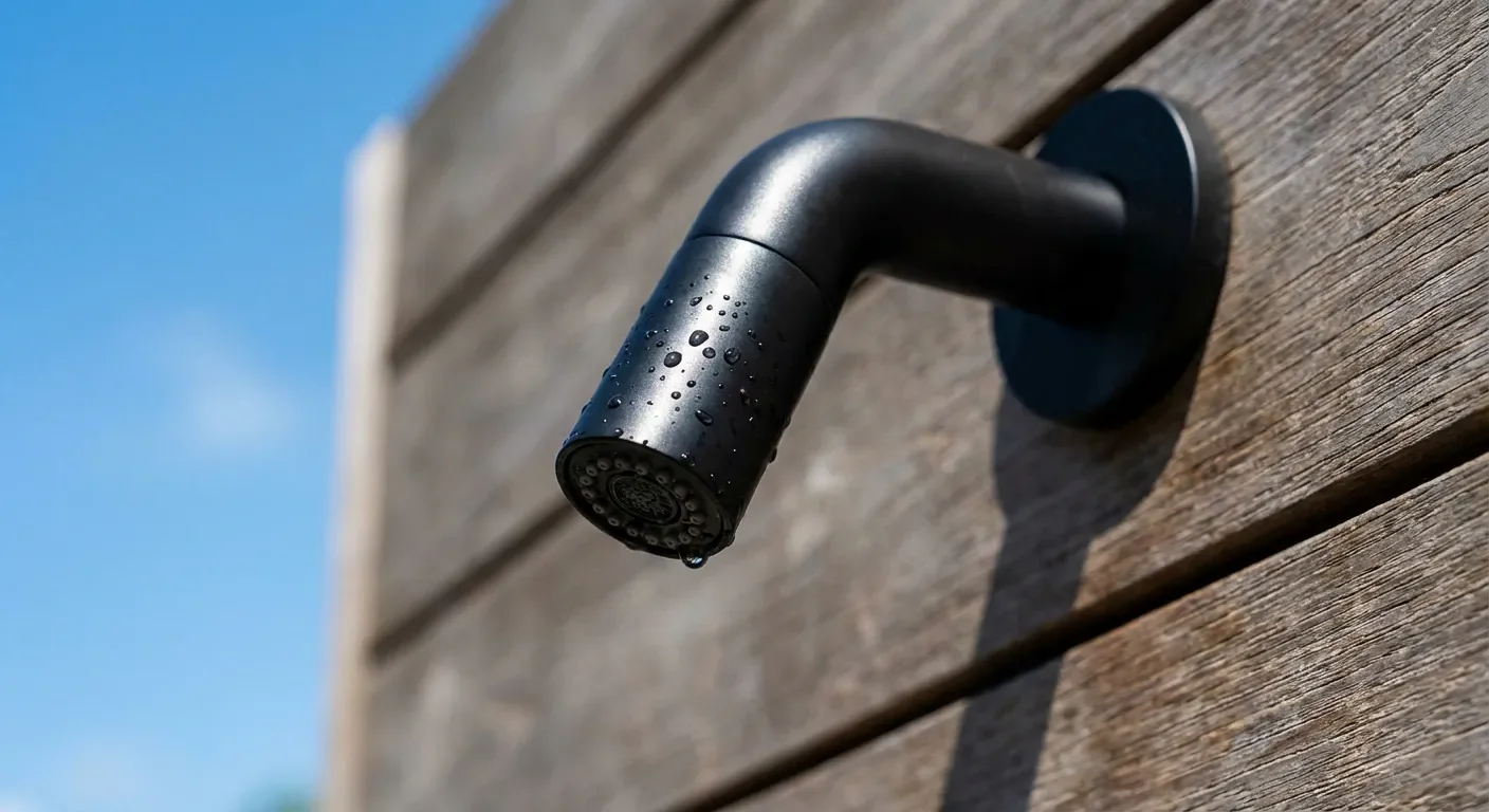 Douche extérieure originale : inspirations et conseils Détail minimaliste d'un pommeau de douche noire sur mur en bois de teck