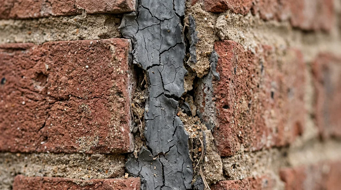 Défaut et dégradation sur un joint de maçonnerie Fissure et dégradation d'un joint en mastic mal appliqué sur un mur