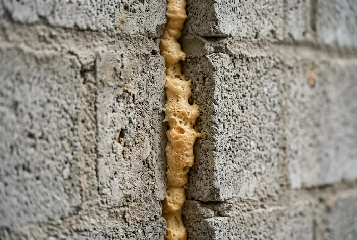 DTU Joint Dilatation Mur de Clôture : Règles - Joint Dilatation Mur de Clôture : 3 Erreurs à Éviter - Comment poser un joint de dilatation sur un mur ? Gros plan sur un espace de joint de dilatation avec mousse expansive