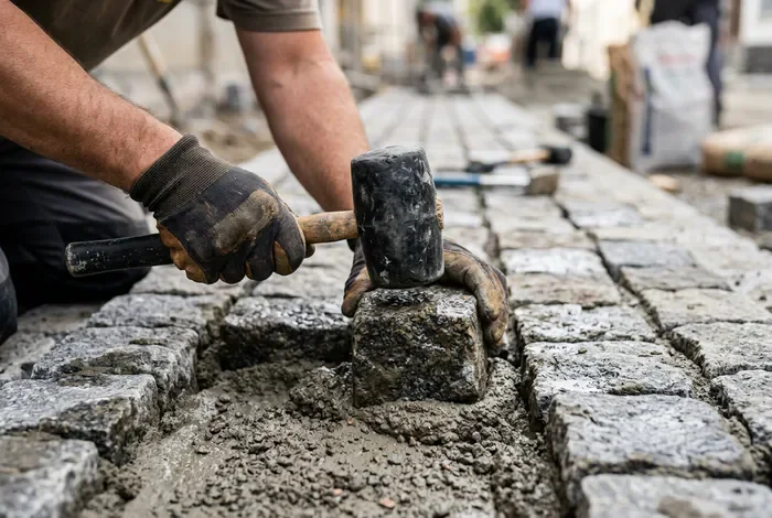 Escalier en pavés : pose réussie en 5 étapes - Construire un escalier en pavés : le guide ultime - Comment faire un escalier en pavés sans affaissement ? Mains d'un artisan ajustant un pavé de pierre avec un maillet en caoutchouc