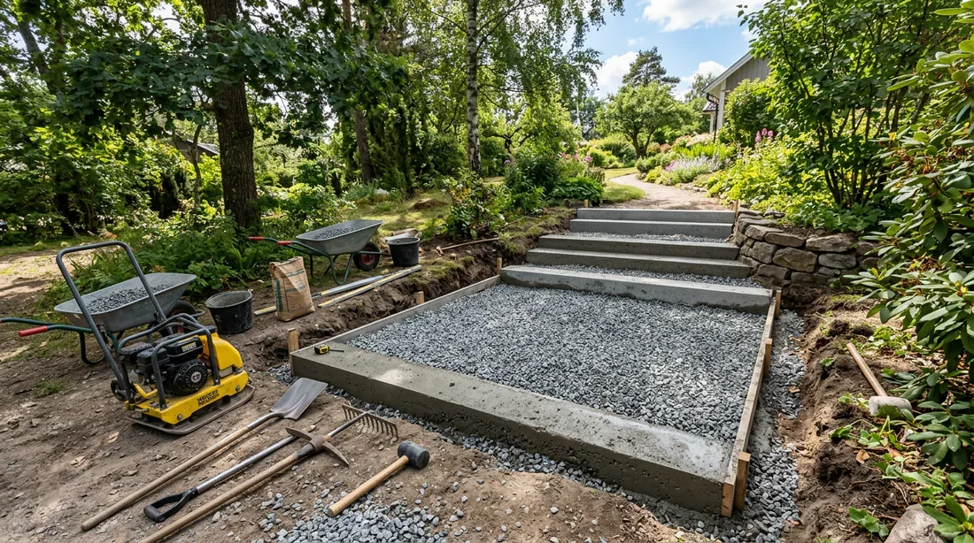 Préparation du sol et fondations de l'escalier Préparation du terrain et fondations en gravier compacté pour escalier extérieur