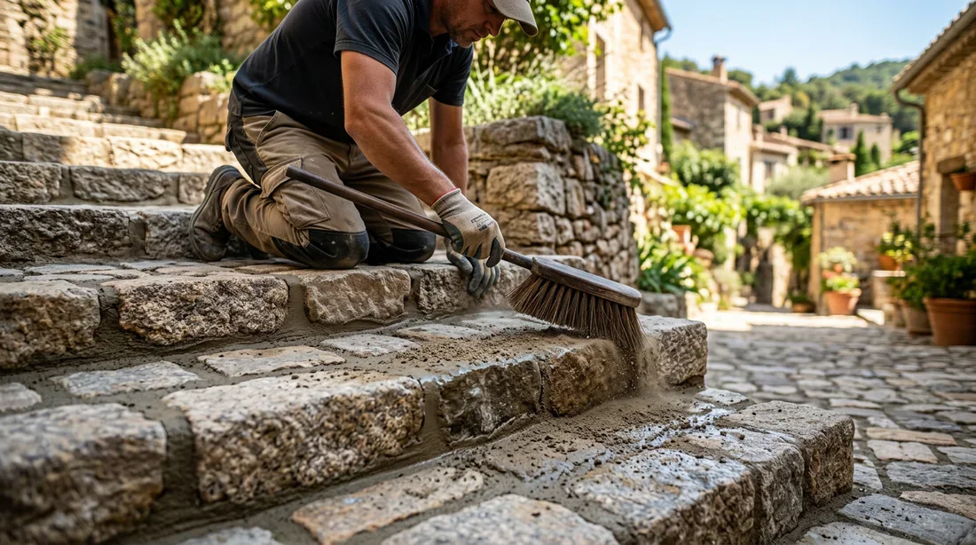 Finition et jointage de l'escalier en pavés Réalisation des joints de finition sur un escalier en pavés de pierre