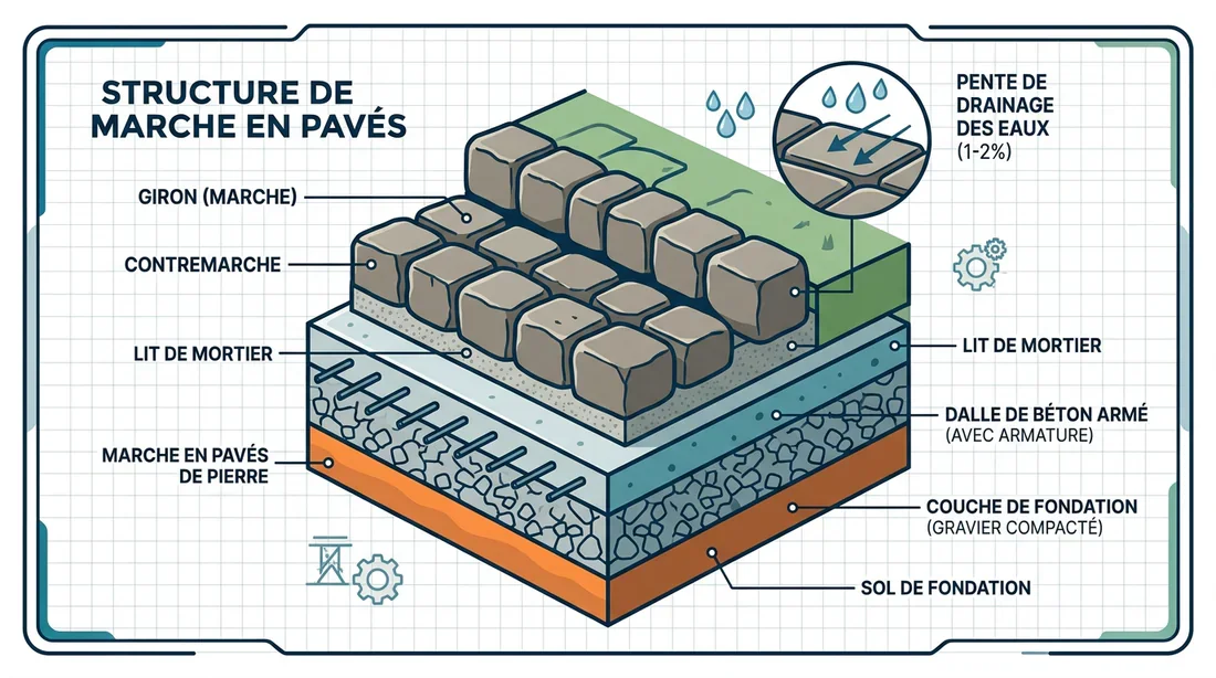 Schéma de pose des marches en pavés Schéma technique de la coupe d'une marche d'escalier en pavés
