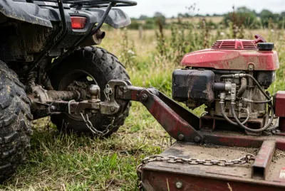Gros plan sur l'attelage entre le quad et la débroussailleuse