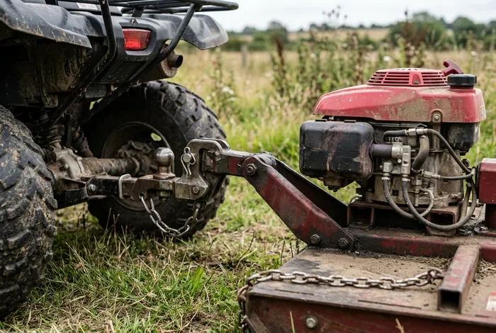 Fabriquer un gyrobroyeur pour quad : Guide DIY - Fabriquer un gyrobroyeur pour quad : le guide ultime (500€) - Comment fabriquer son gyrobroyeur pour quad facilement ? Gros plan sur l'attelage entre le quad et la débroussailleuse