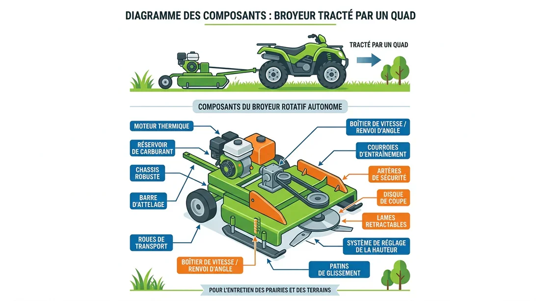 Infographie technique du gyrobroyeur Schéma explicatif des composants d'un gyrobroyeur pour quad