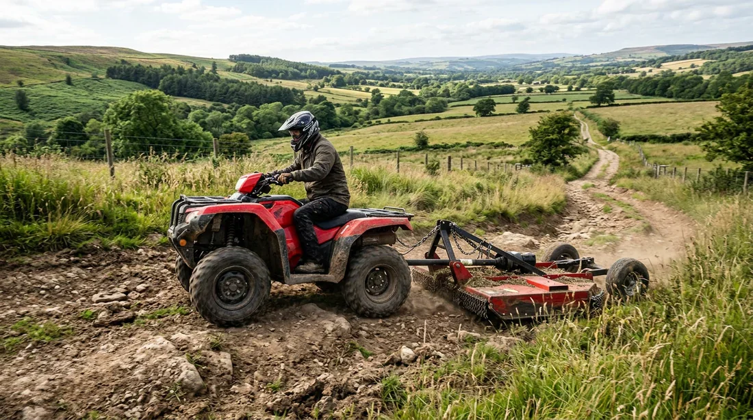 Utilisation du quad en terrain difficile Un quad traversant un terrain difficile avec son gyrobroyeur