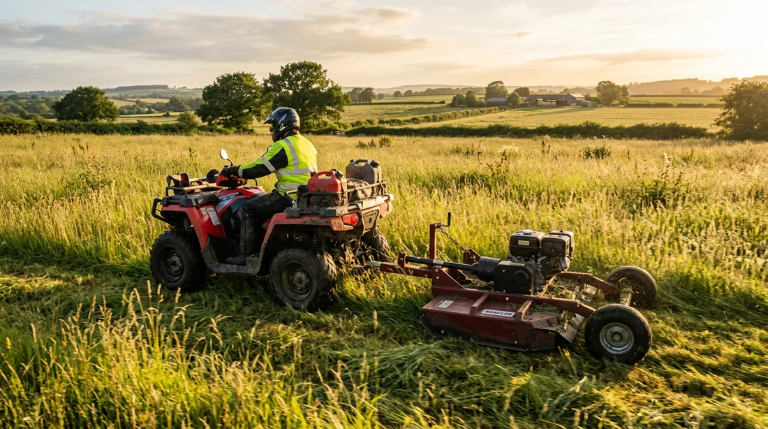 Quad utilitaire avec gyrobroyeur en action Un quad utilitaire puissant tractant un gyrobroyeur dans une prairie haute