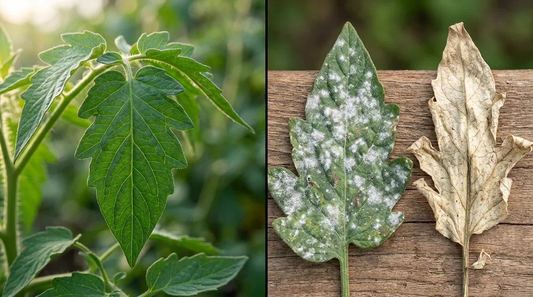 Comparaison entre une feuille de tomate saine et des feuilles de tomate malades ou brûlées par le soleil