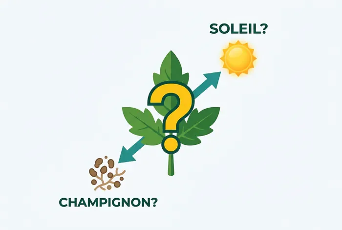 Feuilles de tomate qui blanchissent : 4 causes et solutions - Feuilles de tomate qui blanchissent : Le guide ultime (2024) - Vos feuilles de tomate blanchissent ? Voici comment agir Infographie simplifiée : feuille de tomate avec interrogation sur les causes de flétrissement