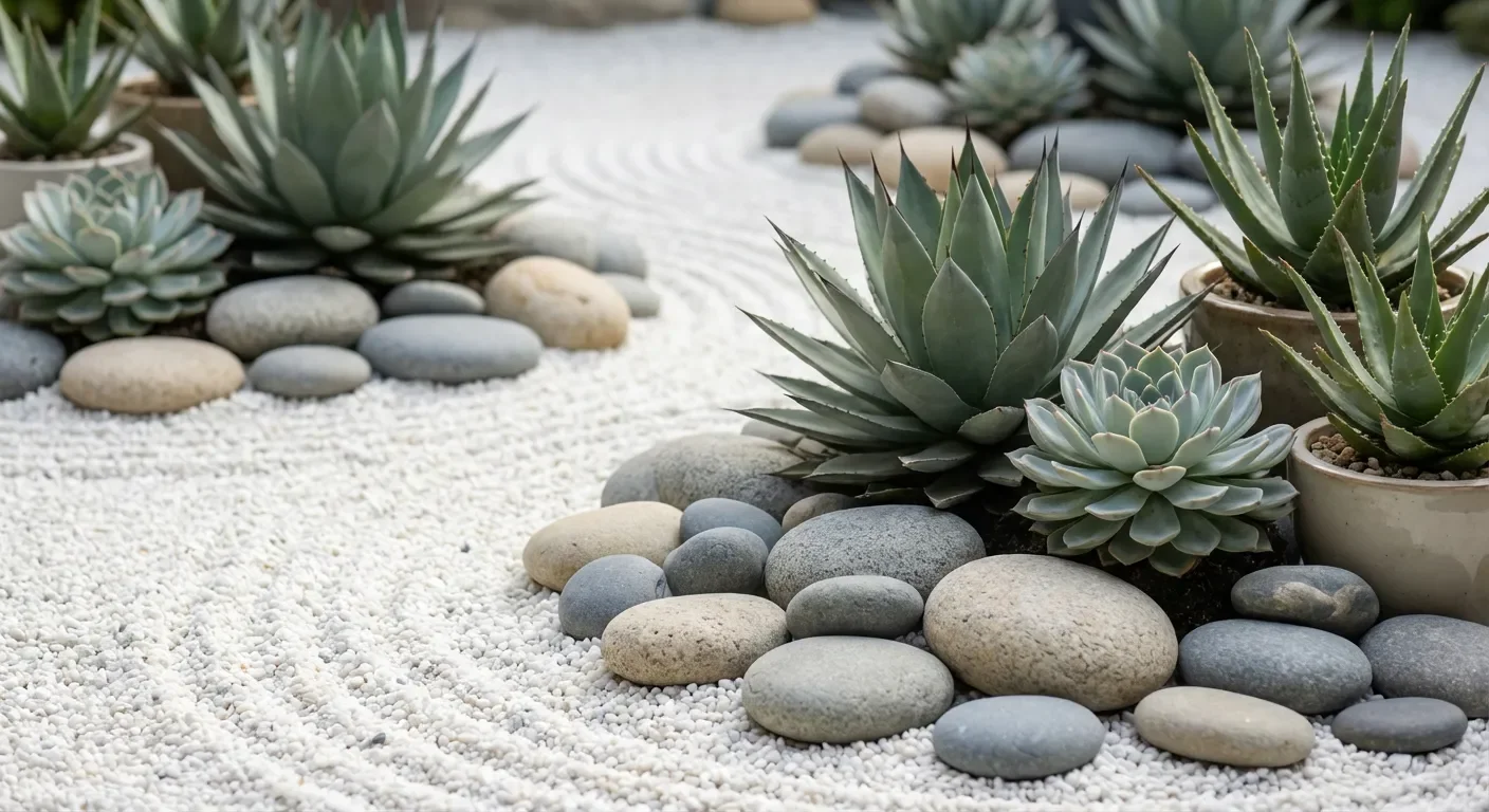 Coin de jardin zen avec gravier de marbre blanc et plantes grasses