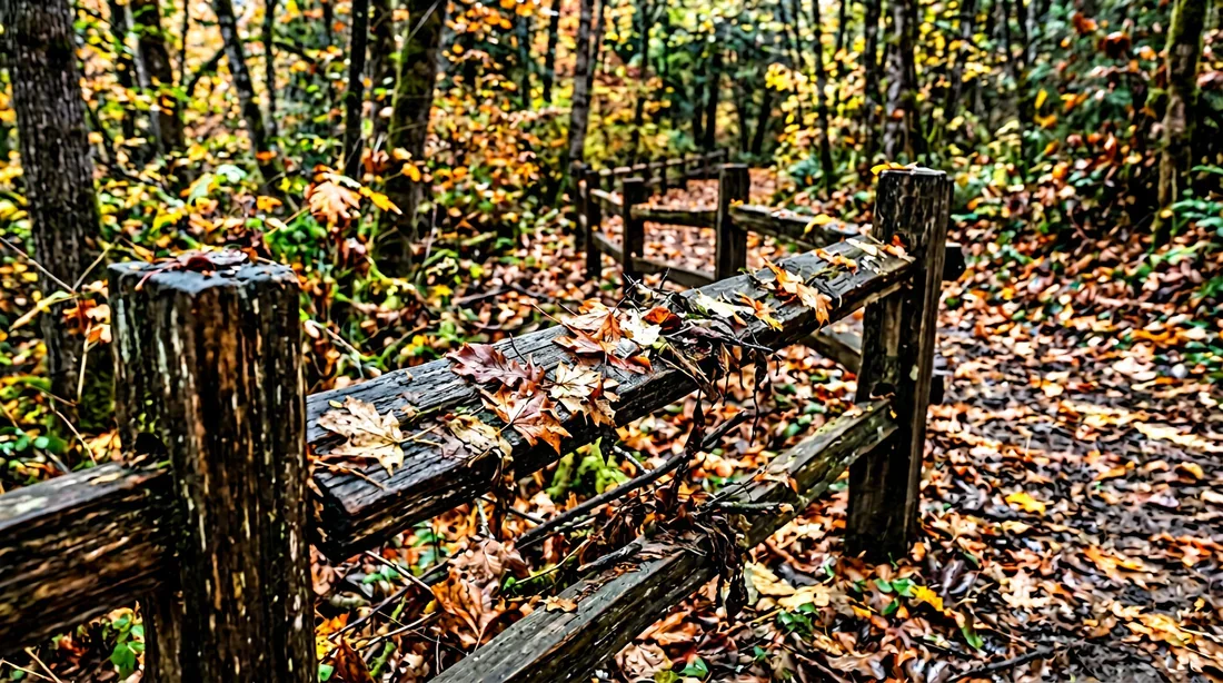 Clôture en bois abîmée par des feuilles et branches mortes
