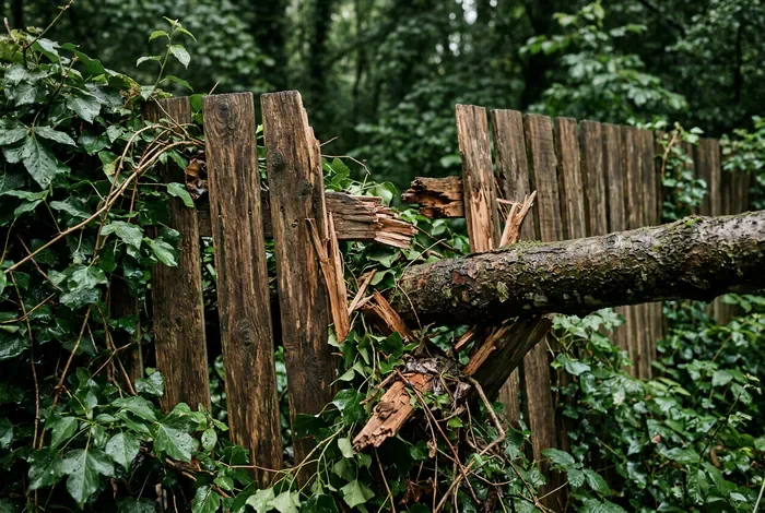 Déchets verts contre la clôture : 4 solutions - Mon voisin met ses déchets contre ma clôture : 3 étapes - Voisin et déchets verts : comment stopper le conflit ? Gros plan sur une clôture en bois couverte de débris