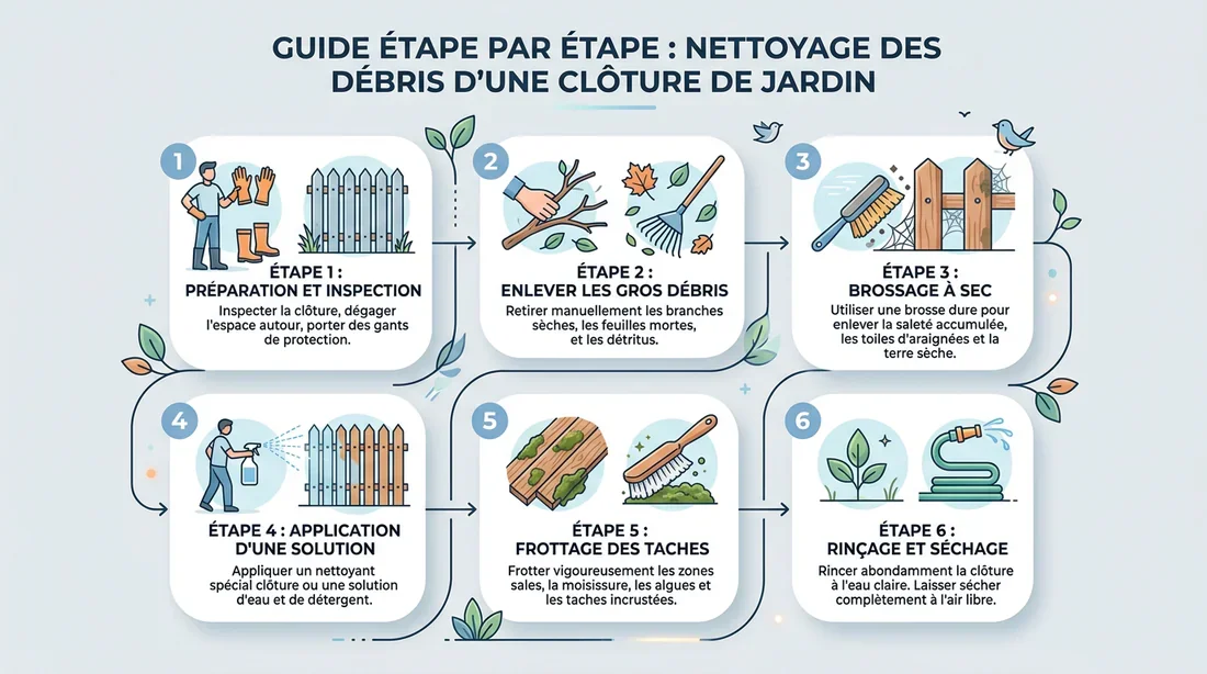Infographie des étapes de nettoyage d'une clôture de jardin