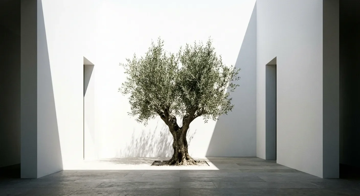 Patio central : aménager un puits de lumière intérieur Arbre sculptural dans un patio central au design minimaliste.