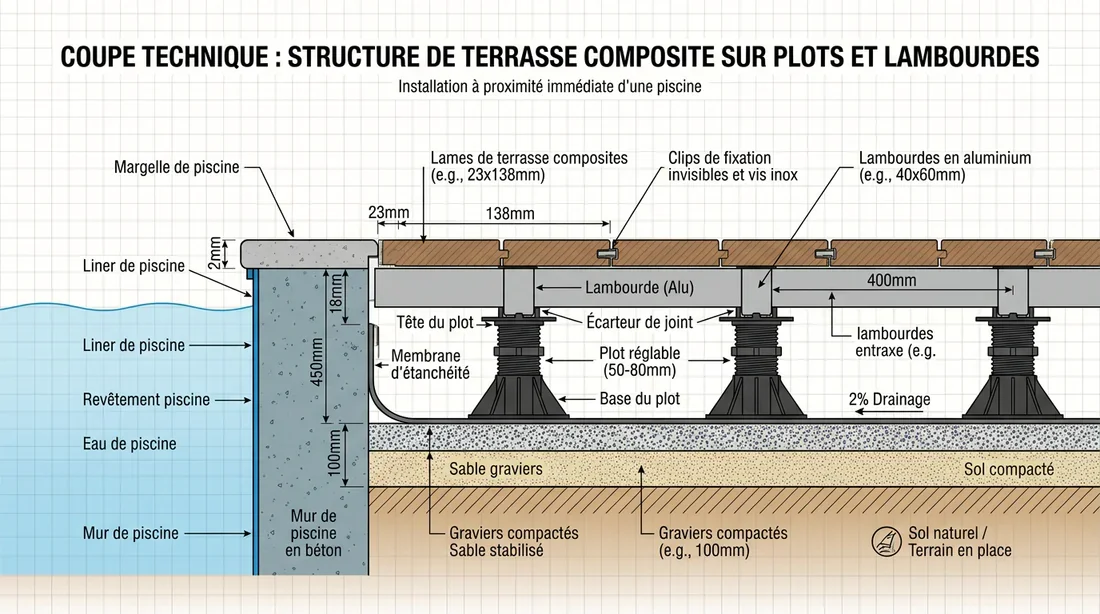 Schéma d'installation d'une terrasse composite autour de la piscine Schéma technique de pose d'une terrasse en bois composite sur plot et lambourdes
