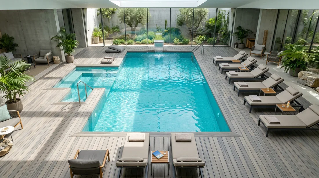 Terrasse moderne en bois composite gris clair autour d'une piscine Terrasse de piscine en bois composite gris clair avec transats sous le soleil d'été