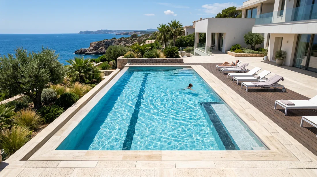 Piscine moderne et design avec eau bleue cristalline sous le soleil