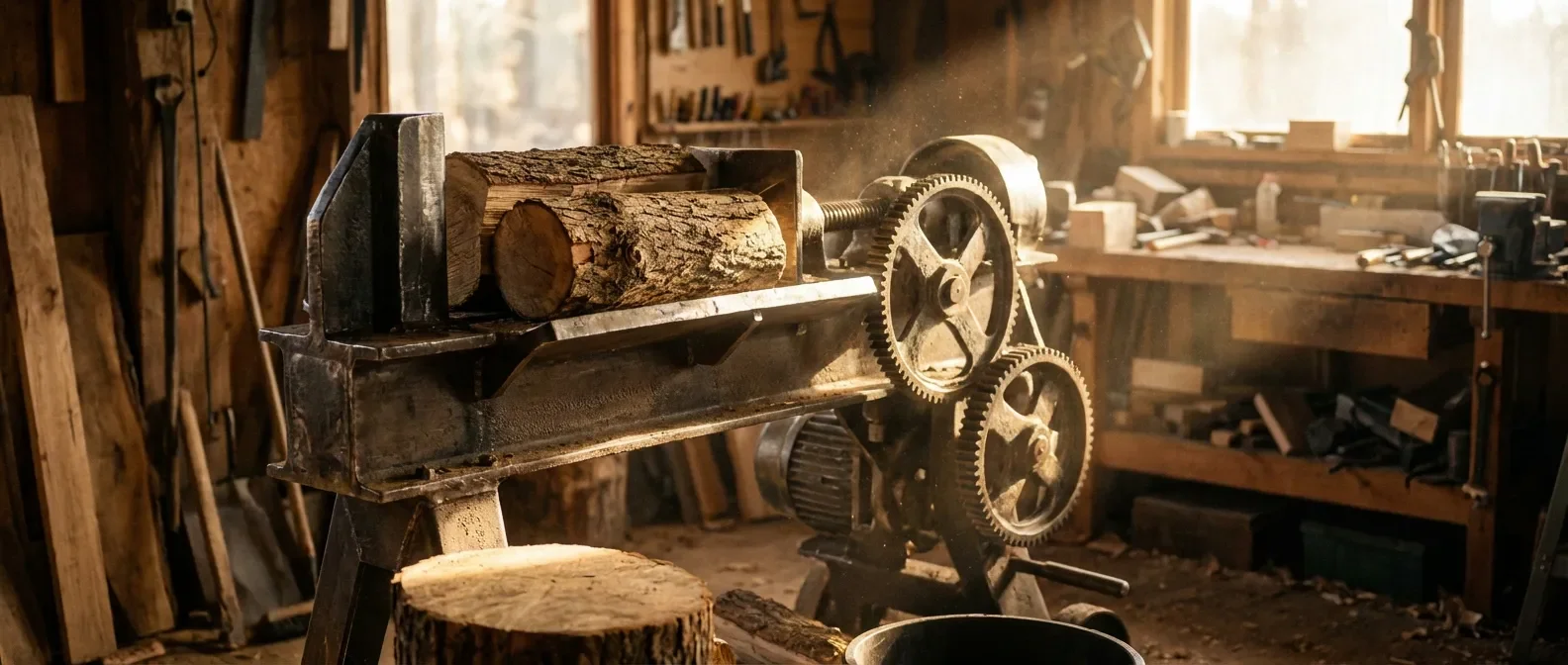 Plan de fabrication d'une fendeuse à bois artisanale dans un atelier baigné de lumière