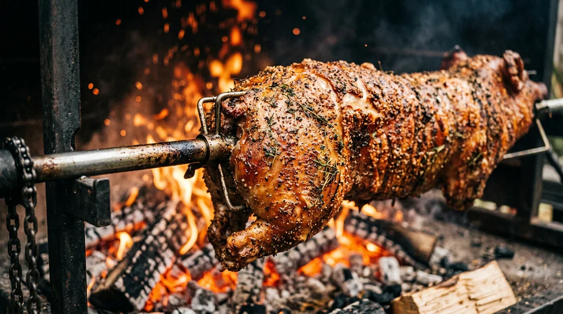 Fixation de la viande sur la broche en acier