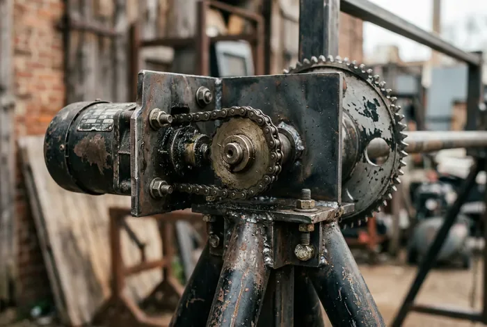 Plan fabrication tourne broche méchoui - Guide DIY 2024 : Construisez votre Rôtissoire - Comment fabriquer un tourne-broche méchoui pro ? Gros plan sur le moteur et la chaîne du tourne-broche DIY
