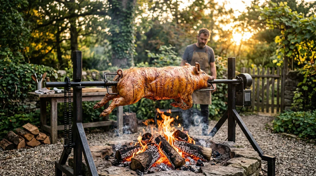 Méchoui en cours de cuisson sur un tourne-broche DIY en acier au feu de bois