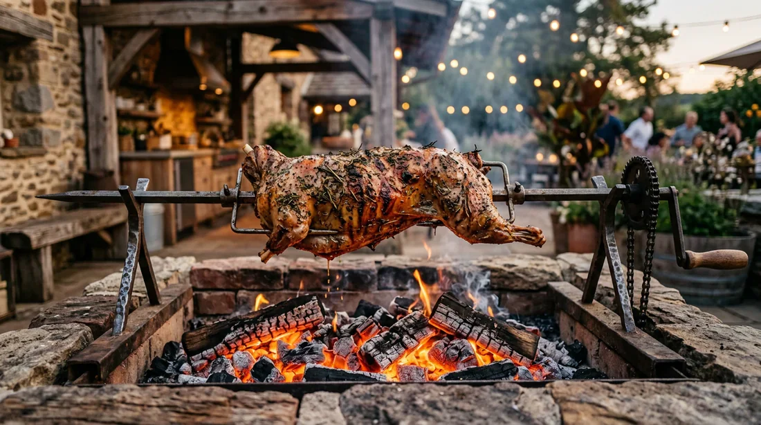 Agneau rôti à la broche artisanale sur feu de bois