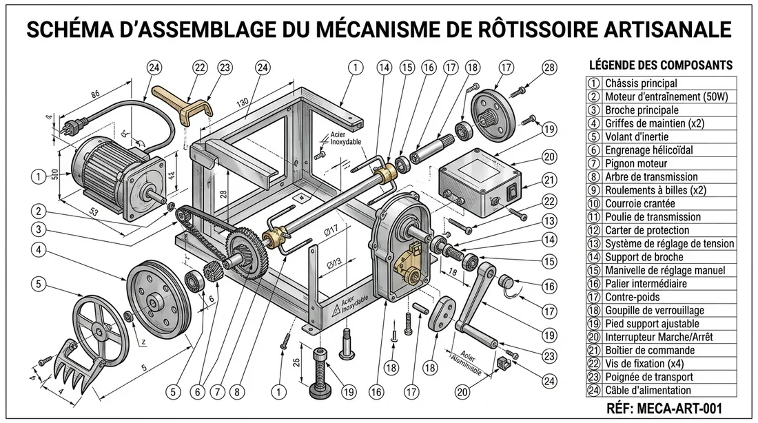 Schéma technique de montage d'un tourne-broche
