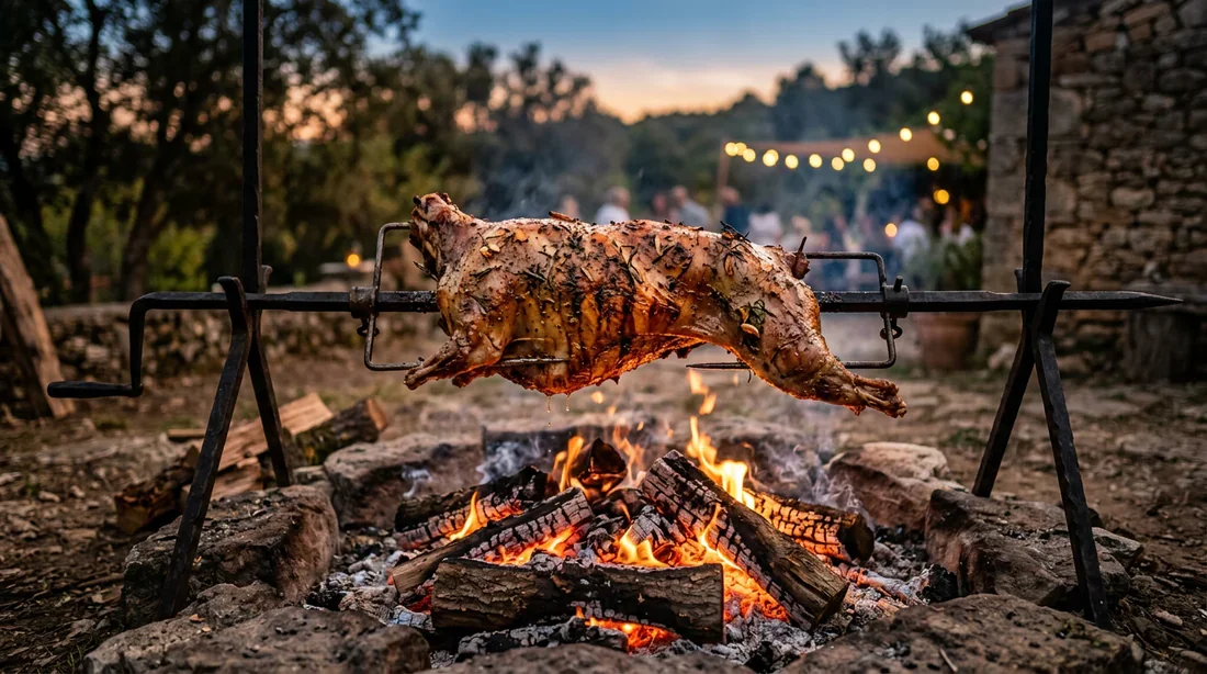 Méchoui traditionnel cuisant sur un tourne-broche artisanal au feu de bois