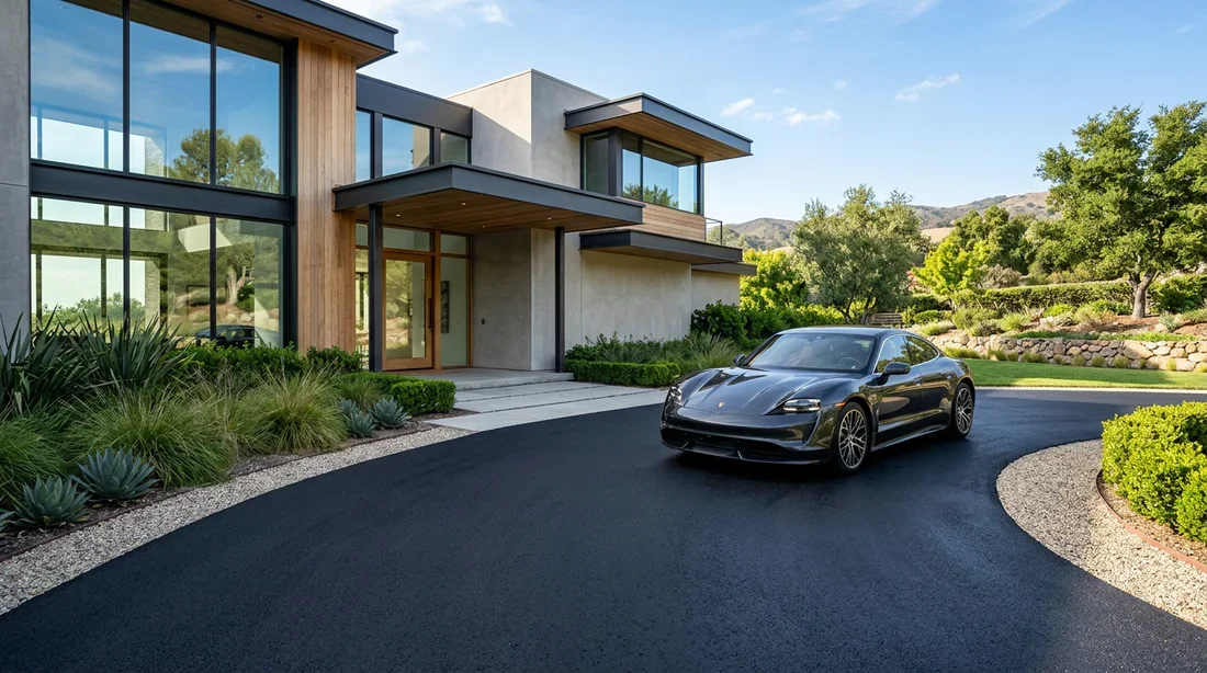 Aménagement d'une cour de maison en enrobé à chaud Cour de maison moderne avec enrobé à chaud noir neuf et voiture garée