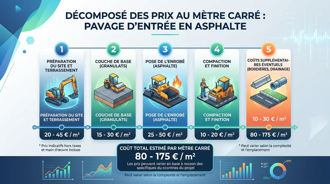 Prix au m2 de l'enrobé à chaud Infographie des tarifs au m2 pour un goudronnage en enrobé à chaud