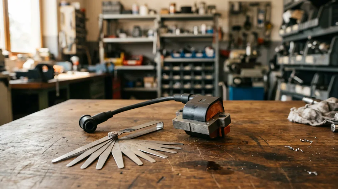 Bobine d'allumage Stihl et jeu de cales sur un établi