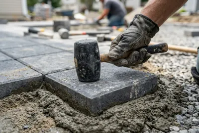 Gros plan main de maçon posant un pavé avec un maillet