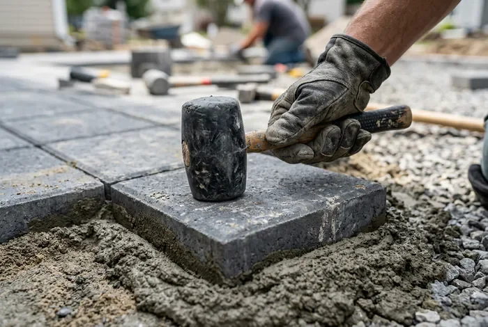 Seuil de portail en pavés : Guide complet - Seuil de portail en pavés : 5 étapes pour réussir - Comment construire un seuil de portail en pavés ? Gros plan main de maçon posant un pavé avec un maillet