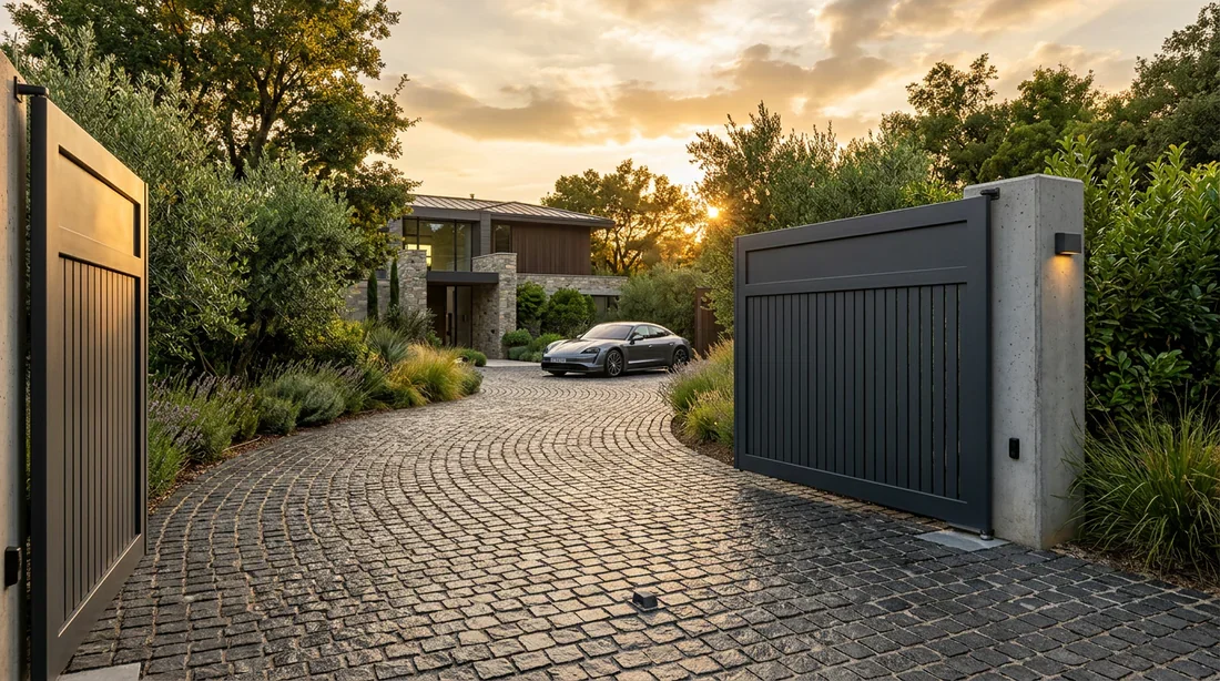 Portail moderne en aluminium gris anthracite ouvert sur une allée en pavés de granit