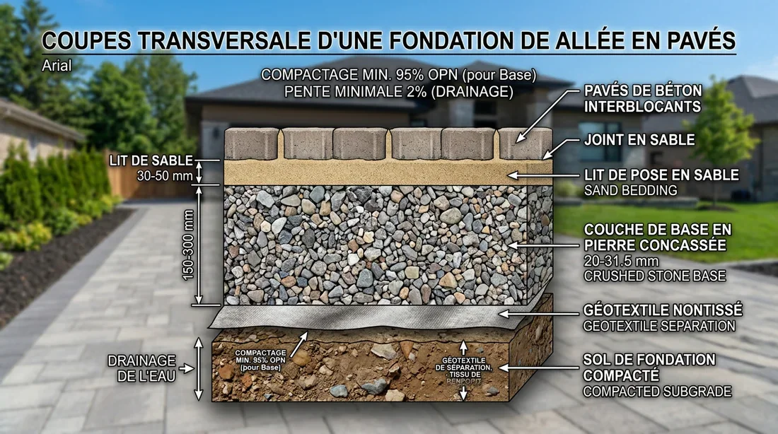 Schéma technique des différentes couches d'une pose de pavés