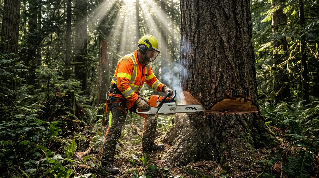 Bûcheron professionnel utilisant une tronçonneuse Stihl MS 661 pour l'abattage