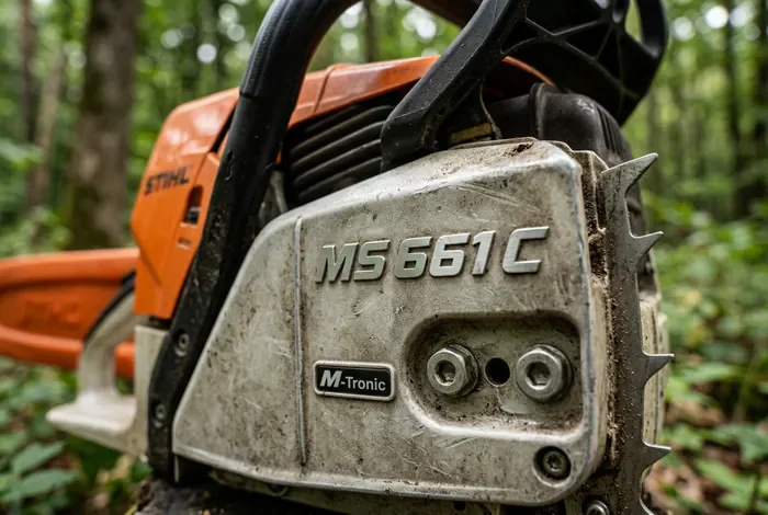 Stihl MS 661 problème : Diagnostic et solutions - Stihl MS 661 : 5 solutions pour vos pannes - Comment réparer une Stihl MS 661 qui cale ? Gros plan sur le logo et l'insigne M-Tronic d'une tronçonneuse Stihl MS 661