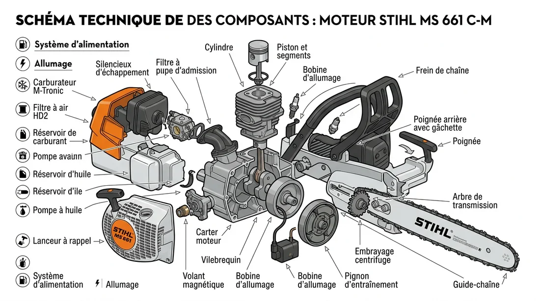Schéma technique des composants moteur de la Stihl MS 661
