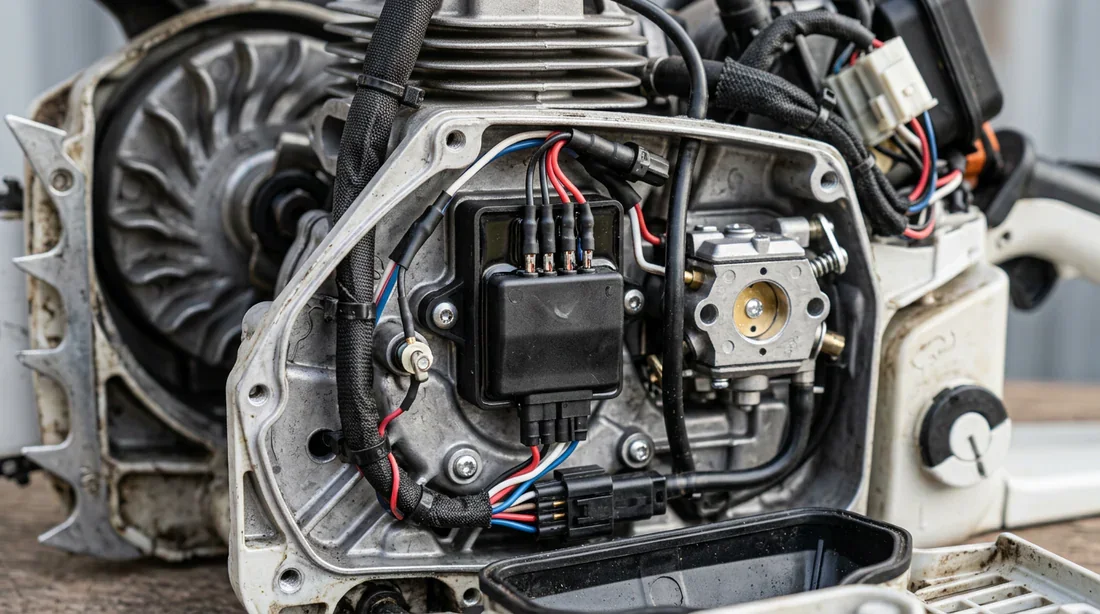 Vue détaillée du système électronique M-Tronic sur tronçonneuse Stihl