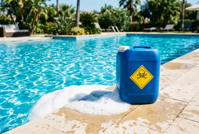 Surdosage d'anti-algues dans la piscine : 4 solutions - Piscine qui mousse ? 4 astuces pour rattraper l'eau ! - Trop d'anti-algues en piscine ? Les solutions d'urgence Bidon de produit chimique et bulles de mousse au bord d'une piscine
